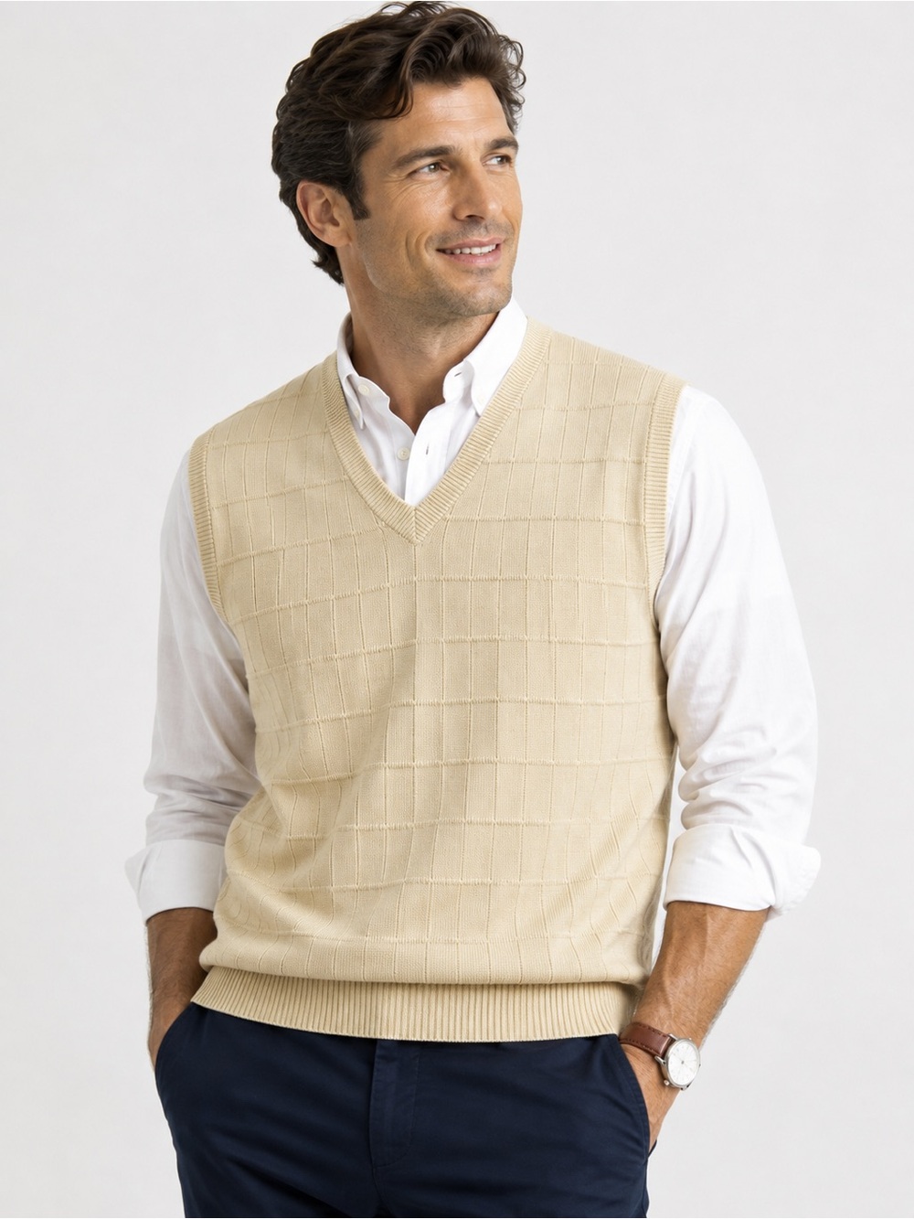 Vintage 90s Anthology 100% Silk V-Neck Knit Sweater Vest Men’s L Cream